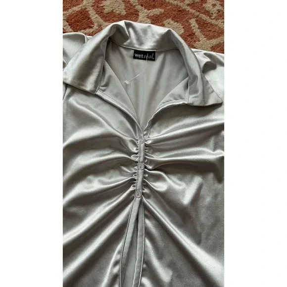 Wet Seal Y2K Silver Babydoll Blouse Top M Medium - Picture 5 of 8